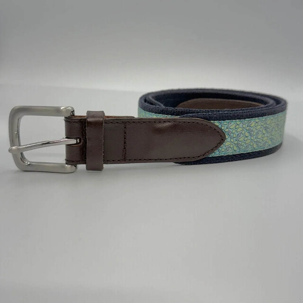 Vineyard Vines Mens Belt Navy Blue Canvas Silk Lime Key Print Leather Trim Sz 34